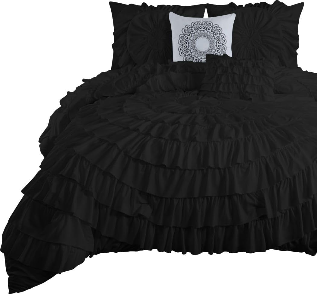D.N.G. BEDDINGS 100% Egyptian Cotton 3 Piece Circle Ruffle Comforter Set with 1 Freebie Ruffle Pillow | 550 GSM Filled Microfiber - Oversized Super King Size, Black Color - 800 Thread Count