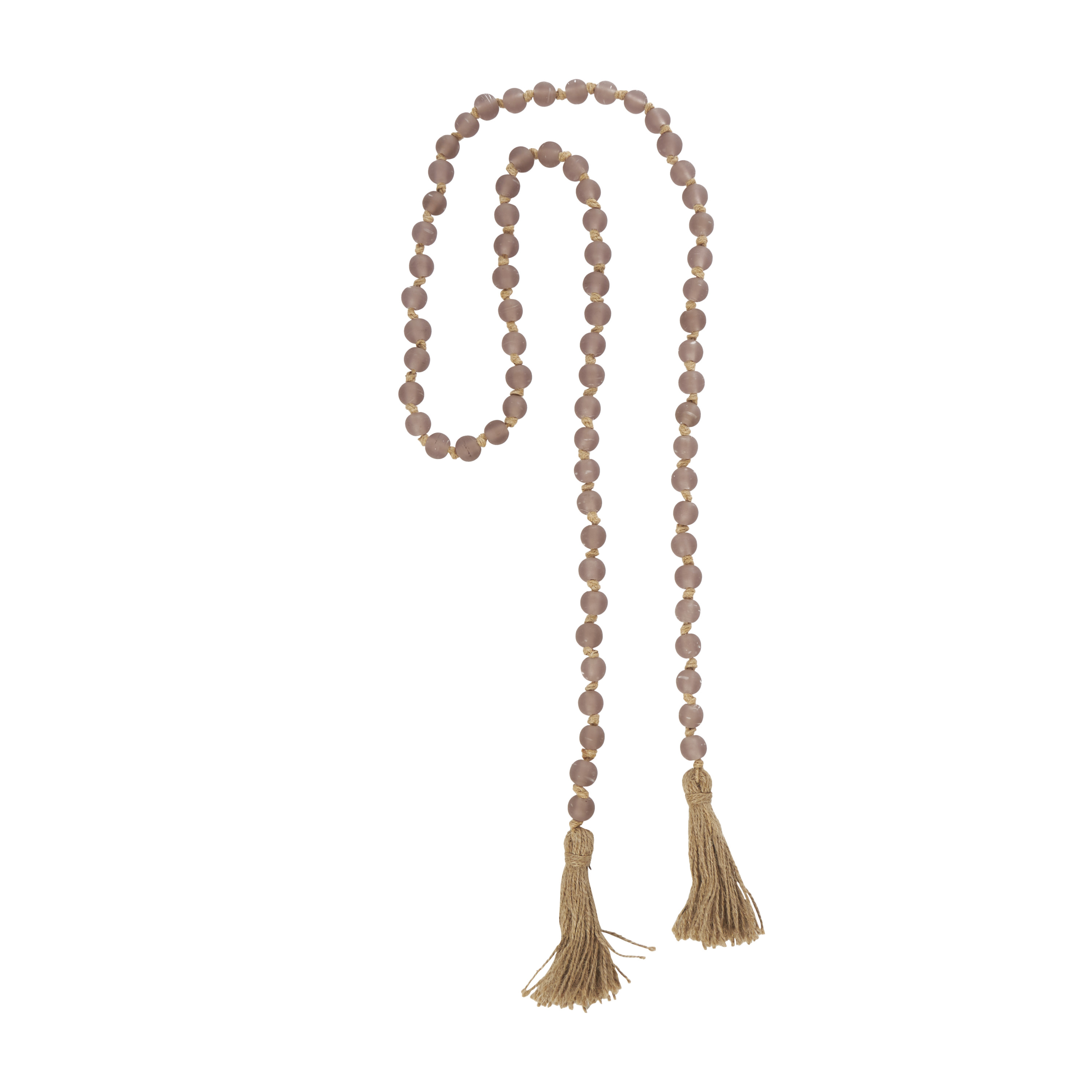 DecMode Handmade Round Long Frosted Beaded Pink Glass Garland with Tassel with Knotted Brown Jute