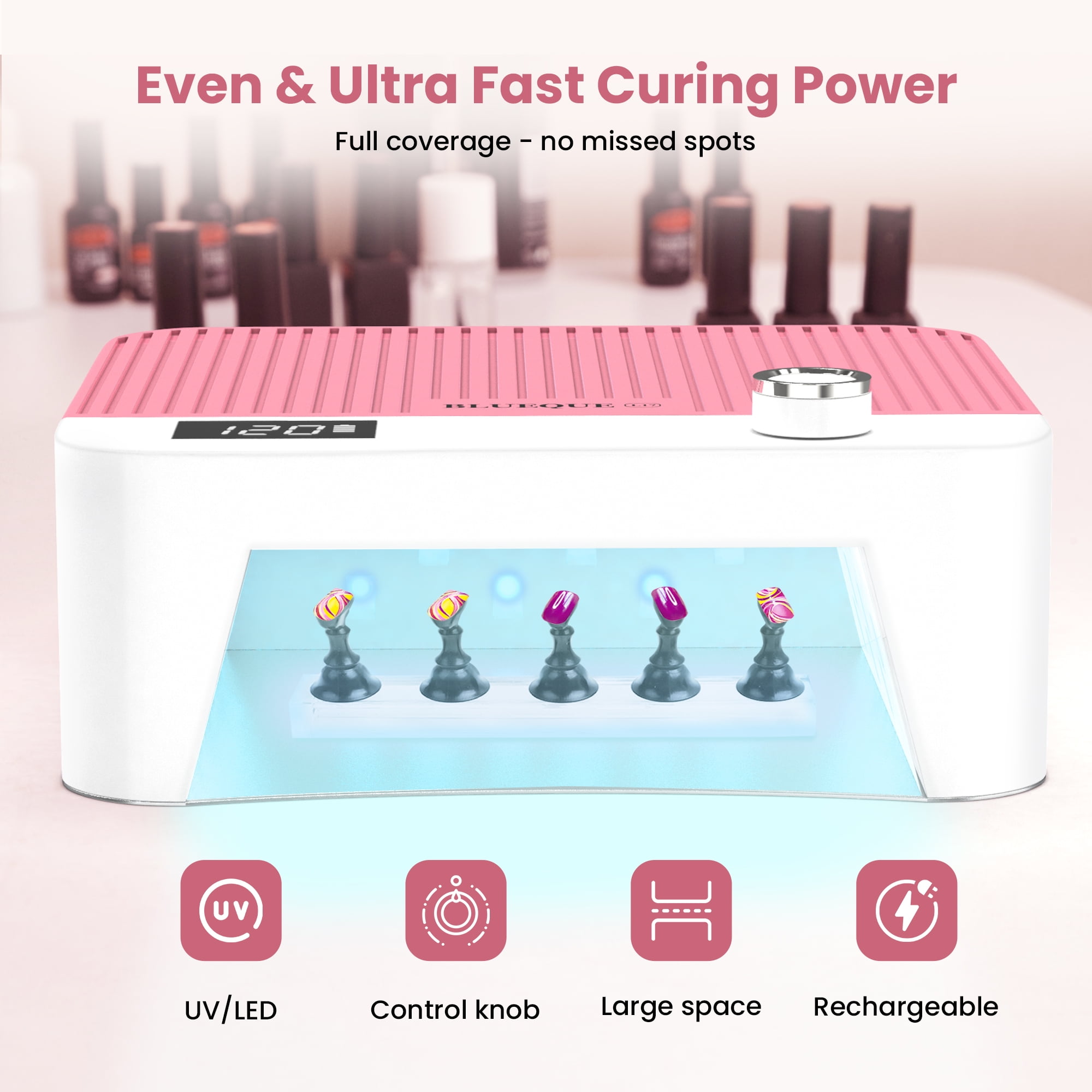 Cordless UV LED Nail Lamp, 60W Rechargeable Nail Dryer Gel Polish Light, Intelligent Auto Sensor LCD Display Nail Lamp  With 4 Timer Setting-Pink