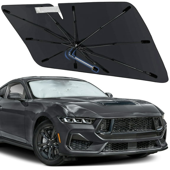 Windshield Sun Shade Umbrella for Ford Mustang 2024-2026, Foldable Car Sunshade for Front Window with 360° Rotating Shaft, Custom-Fit Parasol para Carro for UV Blocking & Heat Reduction
