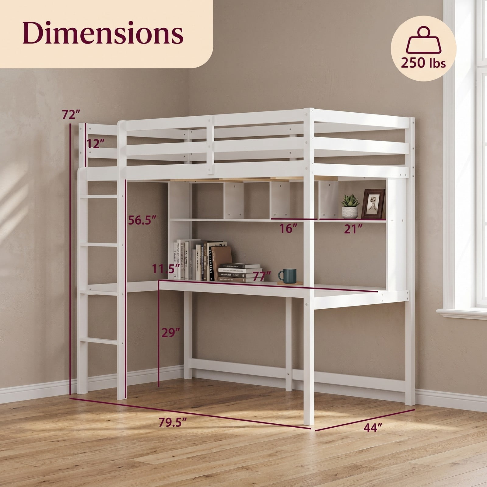 Furnibear Twin Size Loft Bed with Desk and Shelves for Home Dorm Apartment, Space-Saving Wood High Loft Bed with Ladder, No Box Spring Needed, White