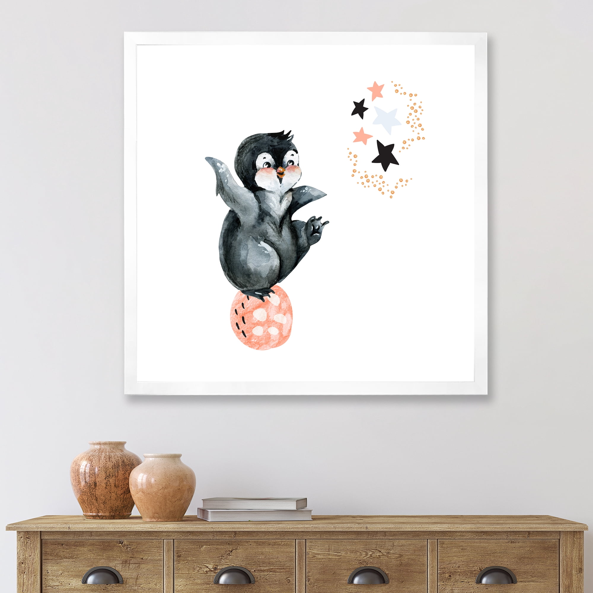 Designart 'Little Penguin With Planets and Stars II' Farmhouse Framed Art Print