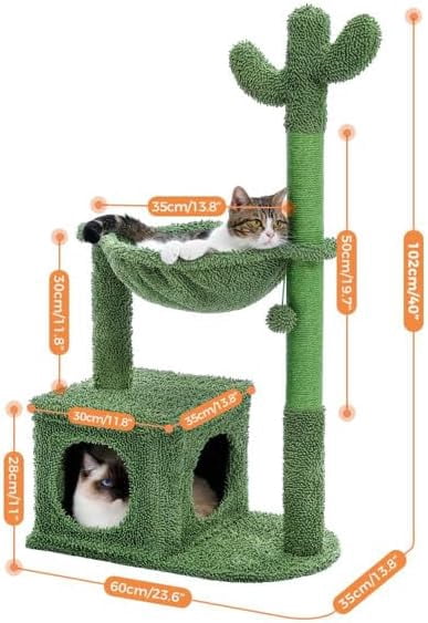 Cactus Cat Tree 40" Cat Tower with Large Metal Carpet Hammock, Cat Scratching Post for Indoor Cats with Condo& Dangling Ball, Green
