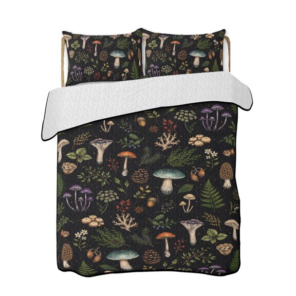 Quilts Queen Size Bedding Set, Mushroom Leaves Reversible Summer Quilt 3 Pieces, Black Country Botanical Berry Flowers Lightweight Bedspreads Coverlets with 2 Pillow Shams for All Seasons