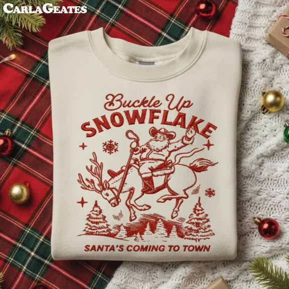 EMBROIDERED Retro Christmas Cowboy Santa Embroidery Shirt, Buckle Up Snowflake Rodeo Christmas Holiday Season Western Bohemian Xmas Shirt