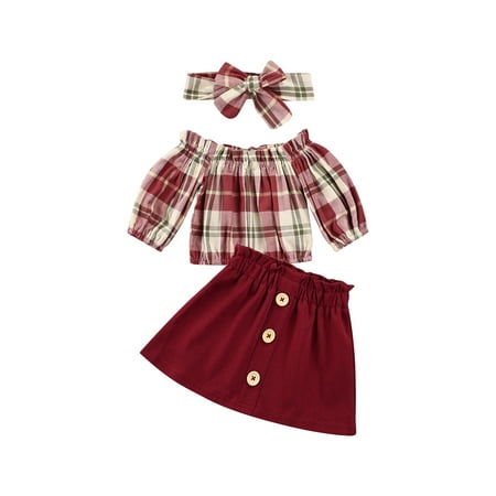 

Calsunbaby 3PCS Infant Newborn Baby Girl Long Sleeve Off Shoulder Plaid Shirt A-Lined Dress Headband