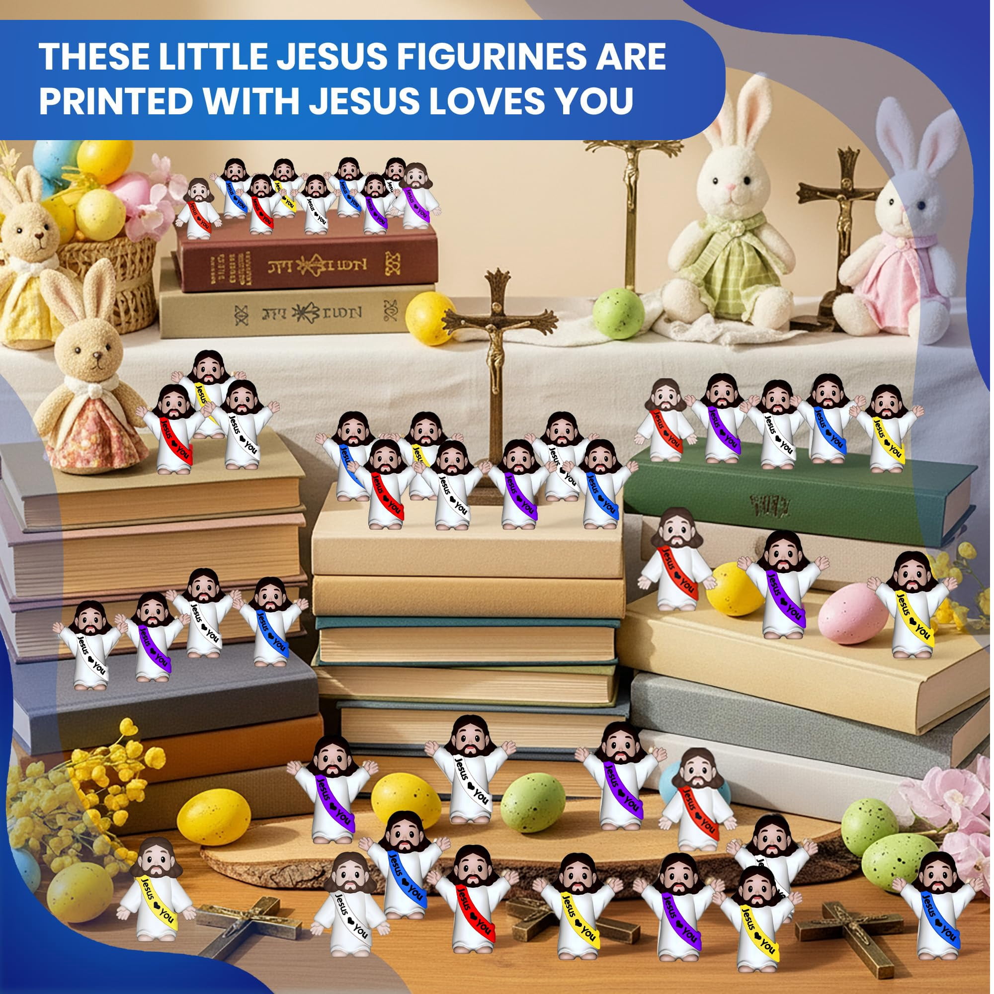 Jesus Loves You Figures 100 Pack – Multicolor Mini Jesus Figurines in Bulk, Little Jesus Figures for Easter, Church, and Religious Celebrations (Hand up)