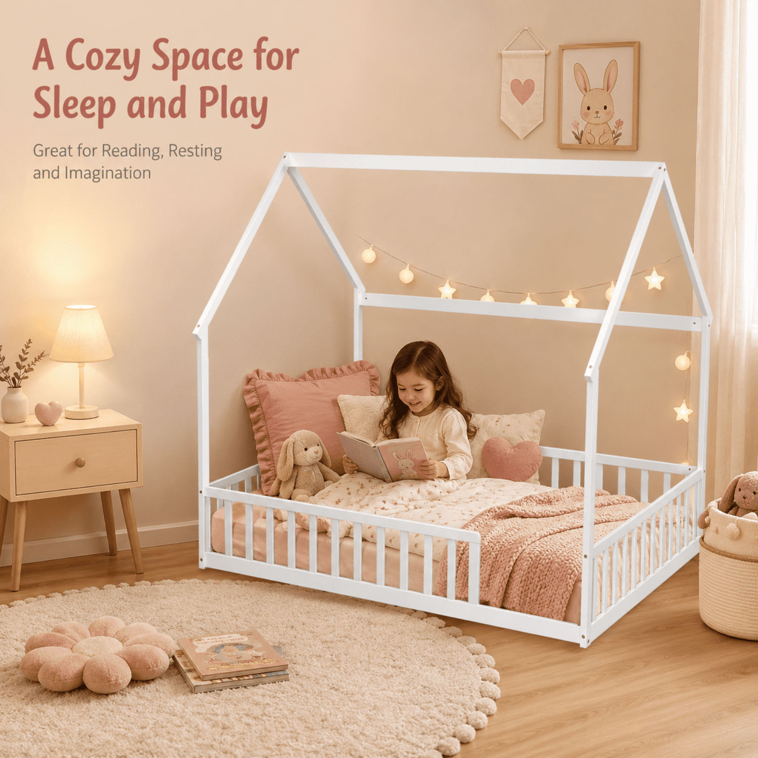Miniyam Full Size Kids House Floor Bed with Fence, Wood Montessori Bed Frame, White