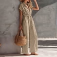 thumbnail image 3 of Women's Resort Jumpsuit, Casual Loose Wide Leg With Zip-Up Front & Stand Collar, Short Sleeve Vacation One-Piece With Belt Khaki XL, 3 of 5