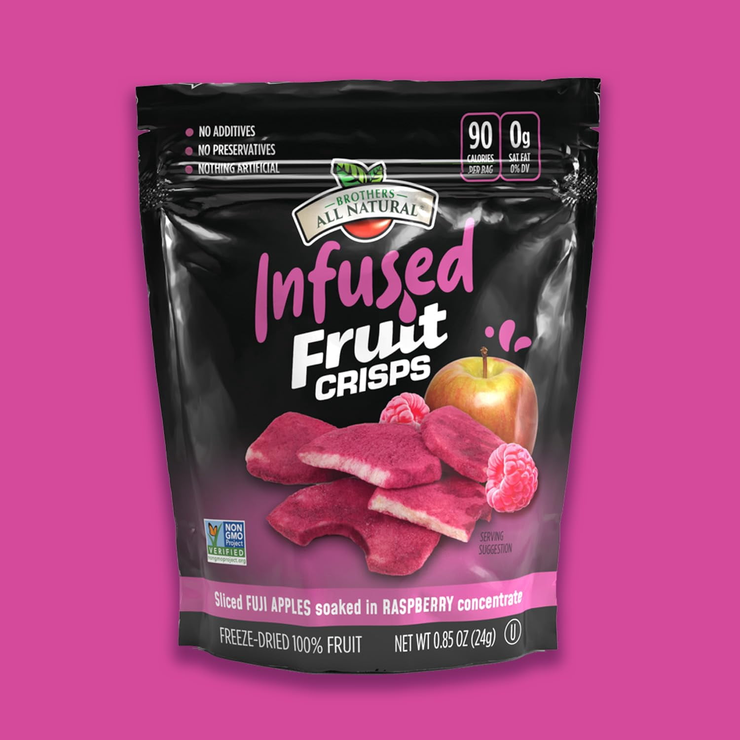 Brothers All Natural Infused Freeze Dried Fruit Crisps, Fuji Apple Infused with Raspberry, 0.85 Oz (Pack of 8), Made with 100% Fruit, Gluten Free, Soy Free, Vegan, Healthy Snack, Resealable Pouch
