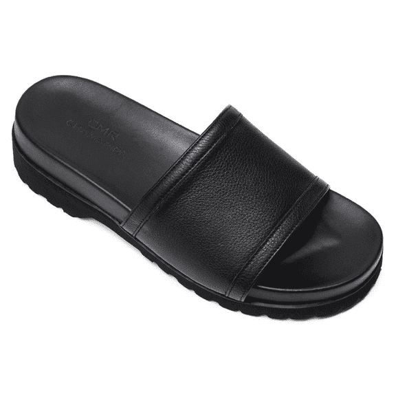 CMR CHAMARIPA Men Height Increasing Slippers Black Leather High Heel Slide Sandal Fashion Casual Elevator Slippers Sandals 6CM / 2.36 Inches