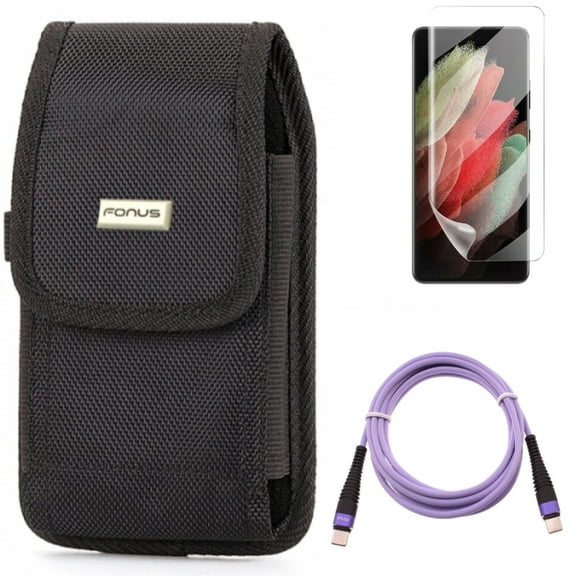 Case Belt Clip & Purple 6ft PD Cable & Matte Screen Protector for Samsung Galaxy S21 Ultra Phone - Swivel Holster & Type-C to USB-C Long Charger Cord & TPU Film Anti-Glare Accessory Bundle