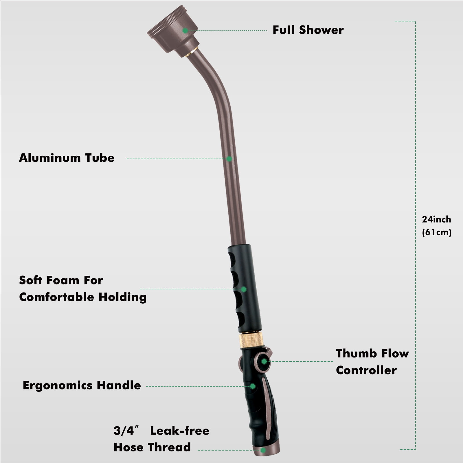 Restmo 24 Inch Metal Watering Wand, Gentle Shower Sprayer with Thumb Flow Control, Heavy Duty Garden Hose Wand for Hanging Baskets, Shrubs, Flowers, Brown
