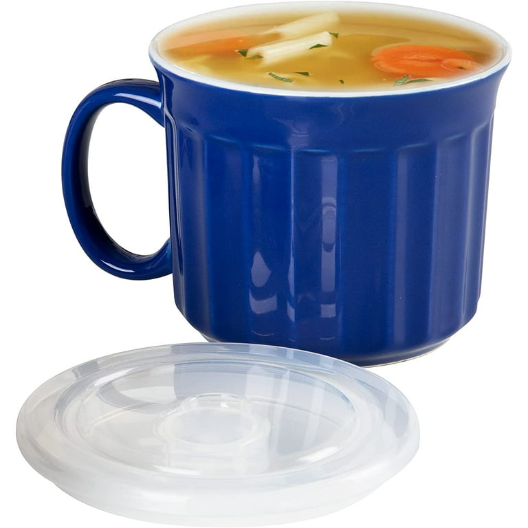Mind Reader Vented Soup Mug, Stoneware Ceramic Microwave Cup with Handle,  Lid, Dishwasher Safe, Holds 22 Oz., High-Gloss Exterior, Blue 