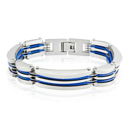 Crucible Stainless Steel Brushed and Polished Blue Rubber Triple ID Plate Link Bracelet (12mm), 8
