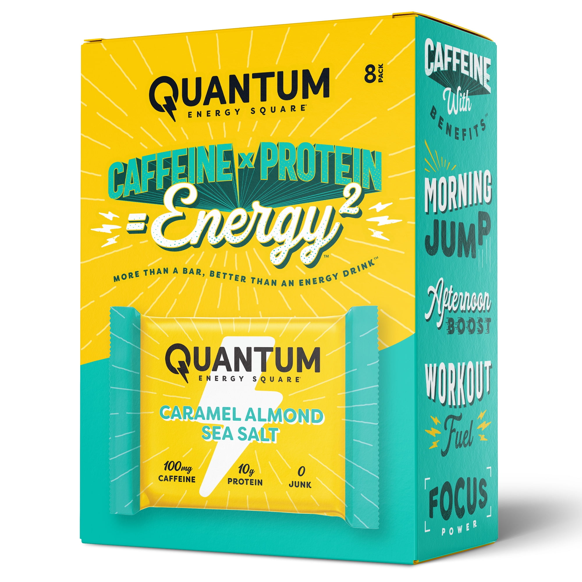 Quantum Energy Square: Energy Bar with Caffeine & 10g Protein. Delicious Healthy Snack On The Go. (Vegan, Gluten-free, Soy-free, Dairy-free). Flavor: Caramel Almond Sea Salt 8Pk