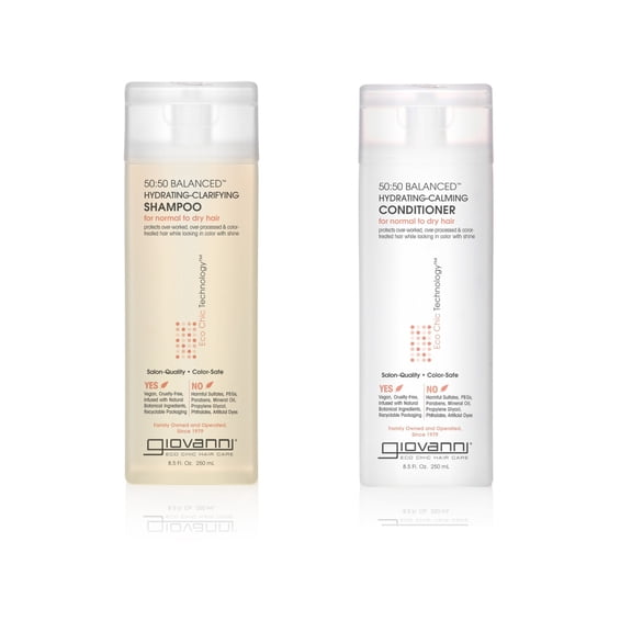 Giovanni 50:50 Balanced Hydrating Clarifying Shampoo & Calming Conditioner Set, 8.5 oz. Leaves Hair Clean & Moisturized, For Over-Processed, Stressed Hair, Aloe, Sulfate Free, Paraben Free, Color Safe