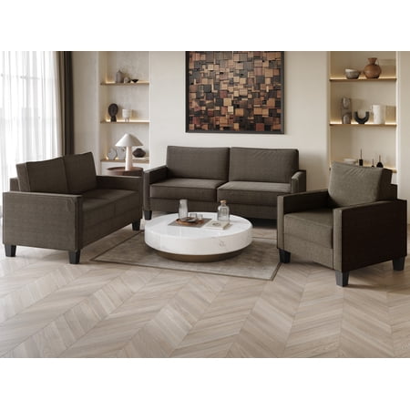 Home Design Marcia 3-Piece Square Arm Living Room Set with Armchair Loveseat and Sofa Modern Upholstery and Black Legs Brown