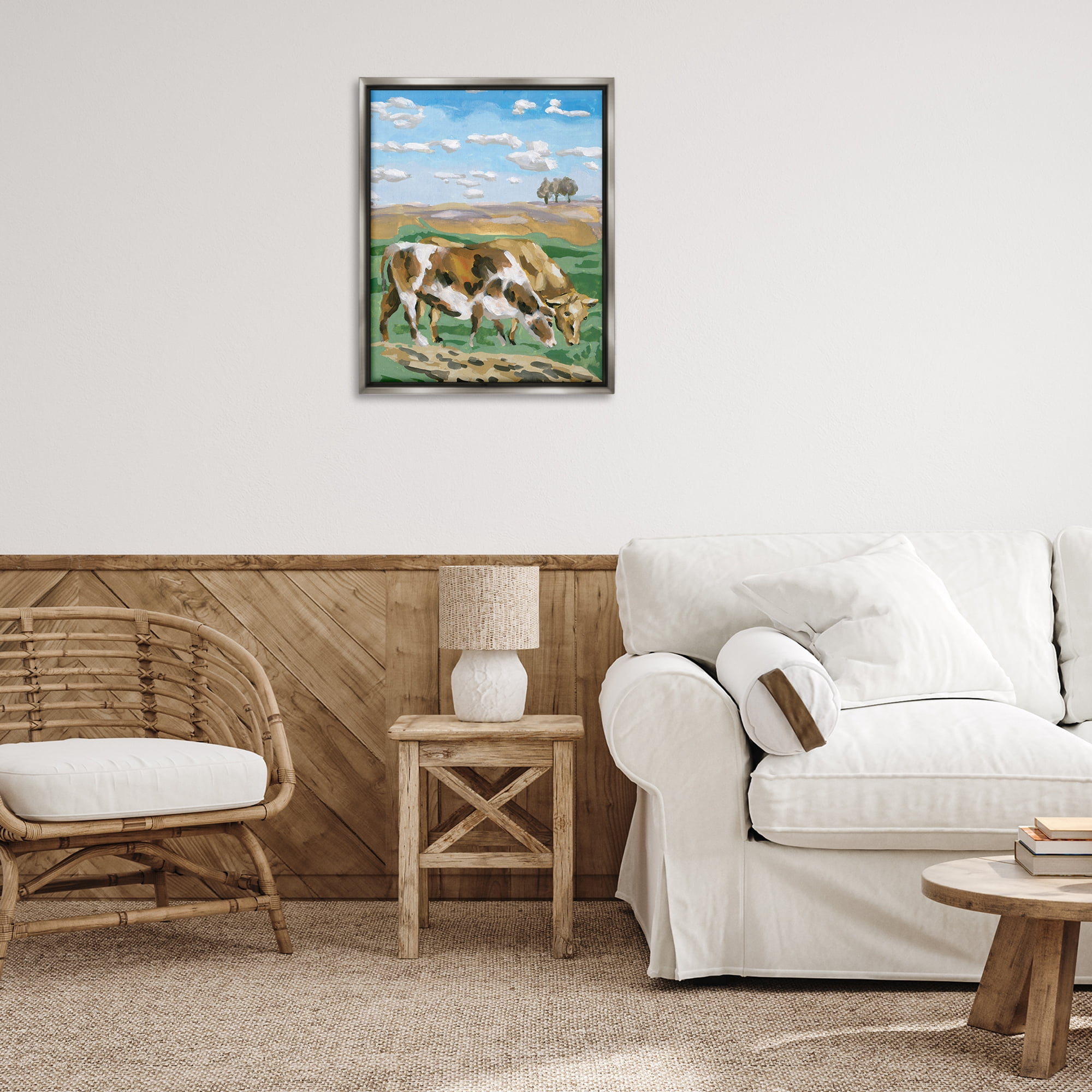 Stupell Industries Cattle Pair in Farmland Animals Painting Gray Floater Framed Canvas Art Print Wall Art, 25 x 31
