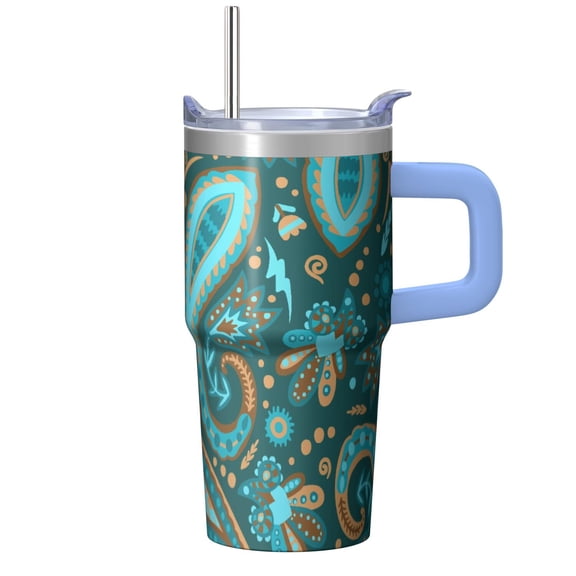 20OZ Stainless Steel Paisley Pattern Travel Coffee Cup Insulated Tumbler with Handle Lid Straw