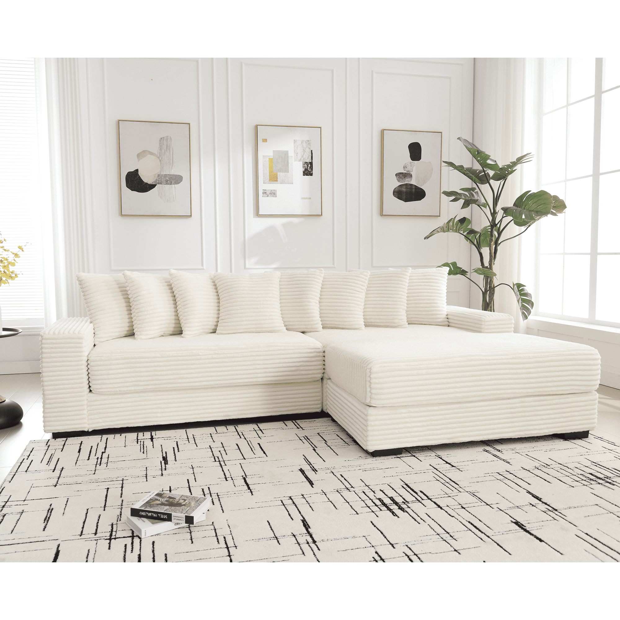 AISWORD 111" Oversized 3-Seat L-Shaped Sectional Sofa with Left Chaise, Luxury Corduroy Fabric Modular Couch with 8 Throw Pillows, Easy Assembly for Living Room