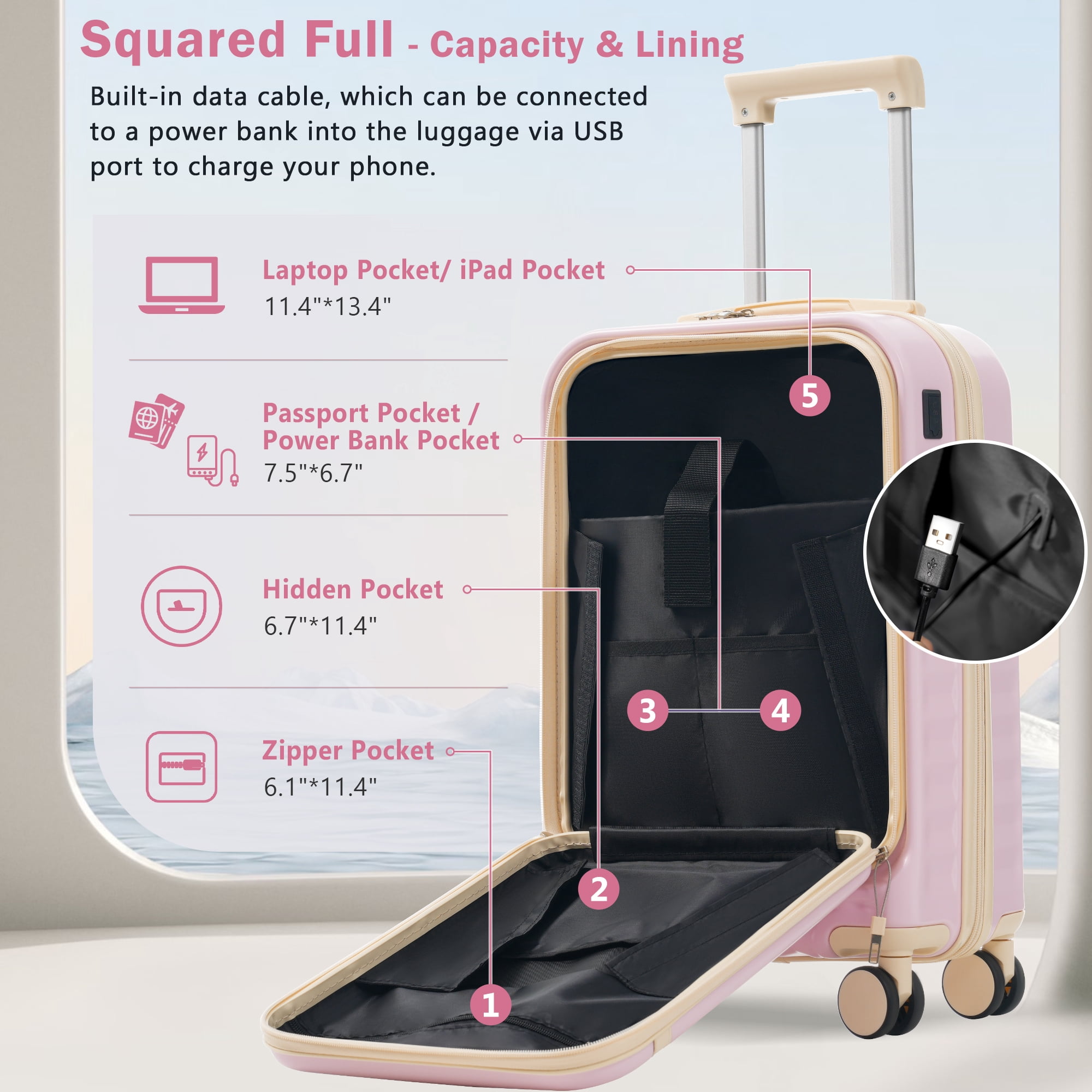 MAYEERTY 3-Piece Luggage Set: Front Opening 20" with USB Port+ Expandable 24" Hardside Suitcase + Tote Bag, Pink