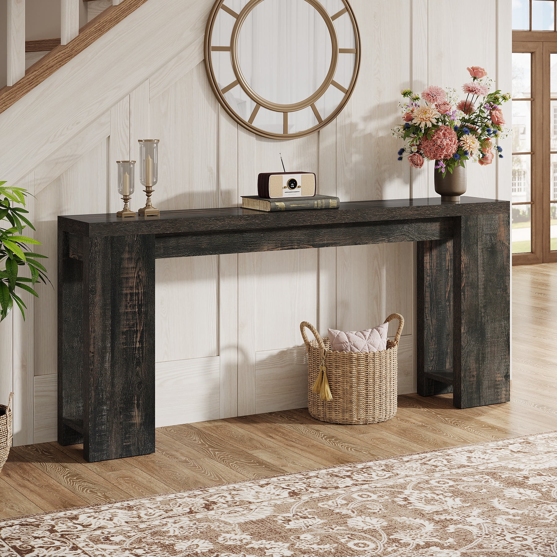 Finmind 71" Long Console Table, Narrow Black Entryway Table Wood Sofa Table