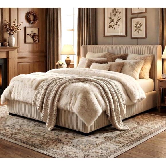 Queen Size Bed Frame with Storage Drawers, Corduroy Upholstered Platform Bed with Wingback, Tufted Headboard and Footboard, No Box Spring Needed, Beige