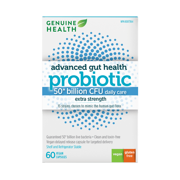 Genuine Health Advanced Gut Health Extra-Strength Probiotic, 60 count, 50 Billion CFU, 15 diverse and balanced strains per capsule, Dairy, soy &amp; gluten-Free, Non-GMO, Vegan