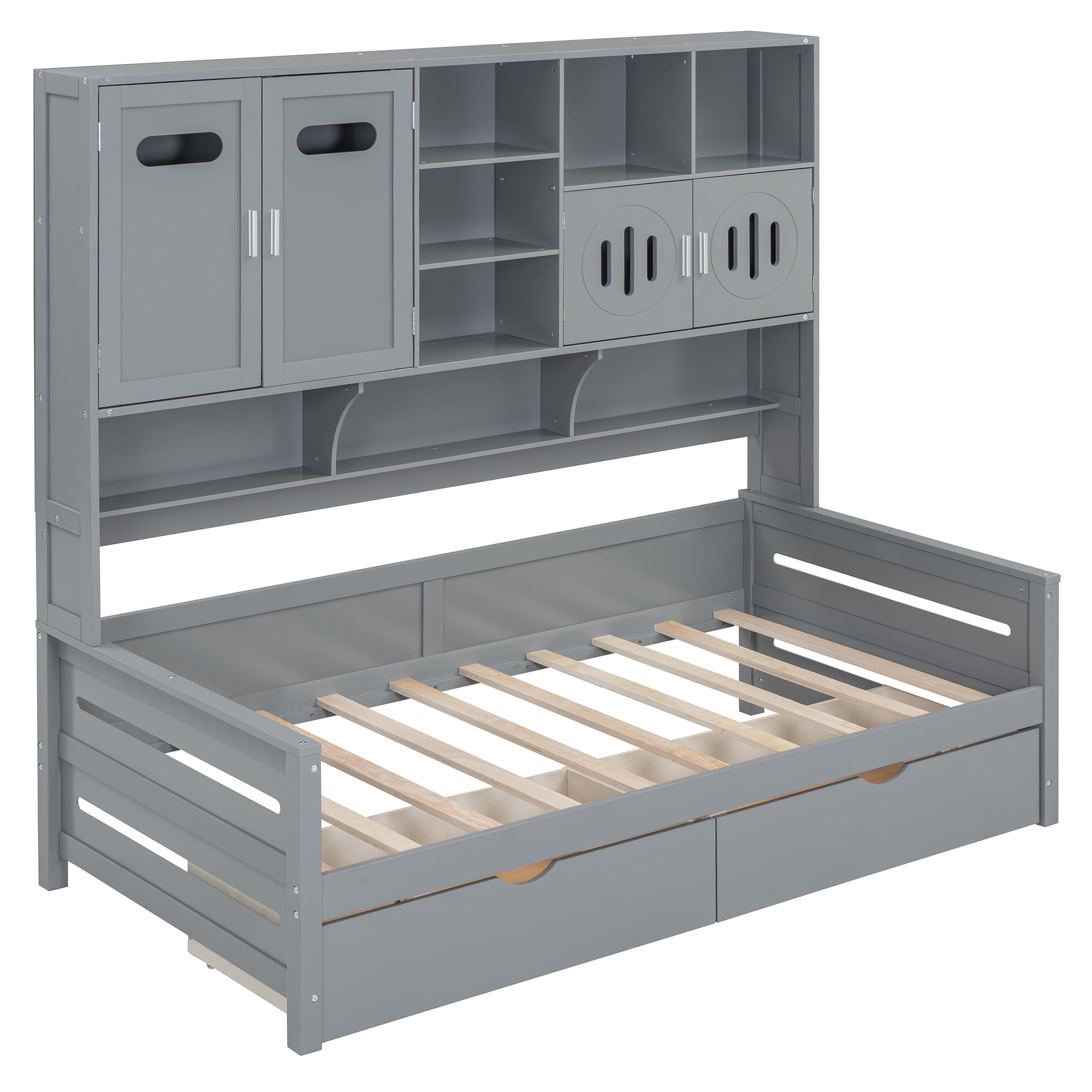 Mintazer Twin Platform Bed with Side Bookcase & 2 Drawers and 2 Cabinets, All-in-One Wood Storage Daybed Frame for Kids Teens Bedroom Guest Room, Grey
