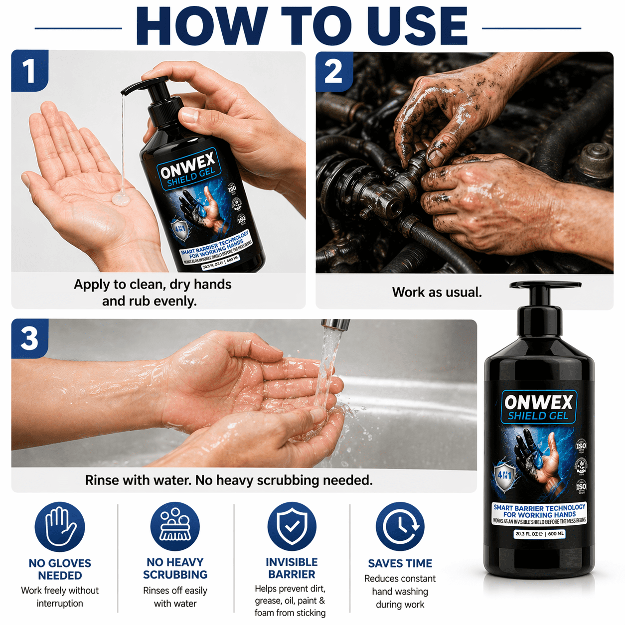 ONWEX Invisible Protective Gloves Barrier Hand Protection Gel for Auto Repair, Plumber, Chemicals, Maintenance, Automotive, Liquid Use – Clear, 600 ml