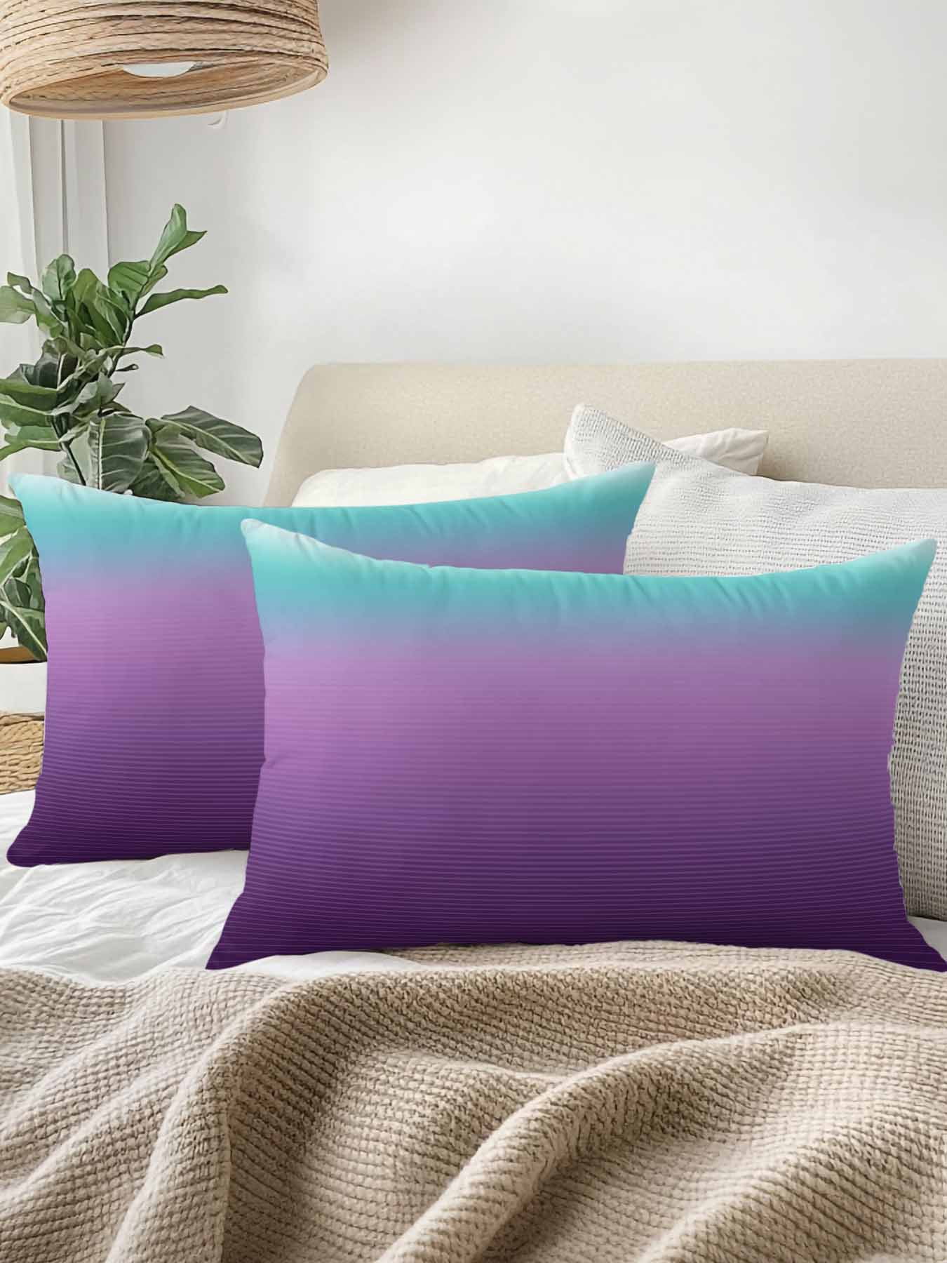 1 Pack Outdoor Throw Pillow, Teal Purple Ombre Waterproof Pillow with Insert Included, Modern Geometric Striped Abstract Art Decorative Accent Cushion Lumbar Pillows for Patio Porch, 12 x 20 In