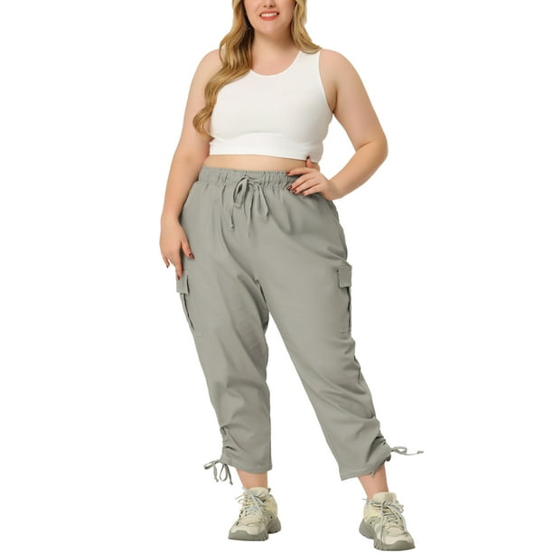 Agnes Orinda Women's Plus Size Drawstring Elastic Waist Stacked Cargo Pants  