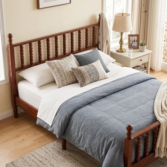 Homy Casa Queen Size Wood Platform Bed, Walnut Finish, Vintage Gourd-Shaped Headboard, Sturdy Frame, No Box Spring Needed
