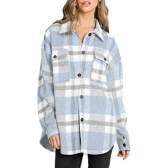 Women'S Flannel Plaid Shacket Fall Outfits Long Sleeve Button Down Shirts Jacket Coats with Side Pockets Light Blue XL