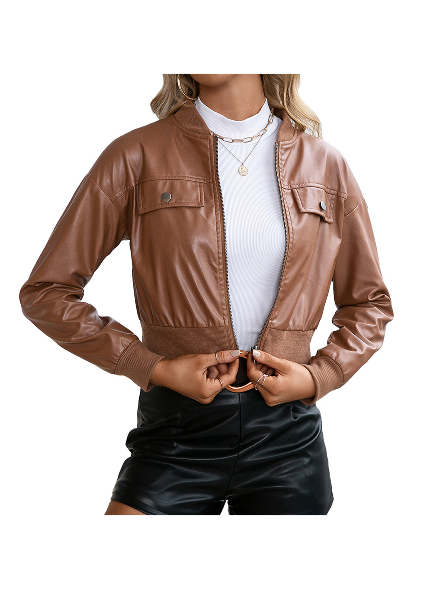 Spring hue Women Faux Leather Jacket,Zip Up Moto Biker Coat Short