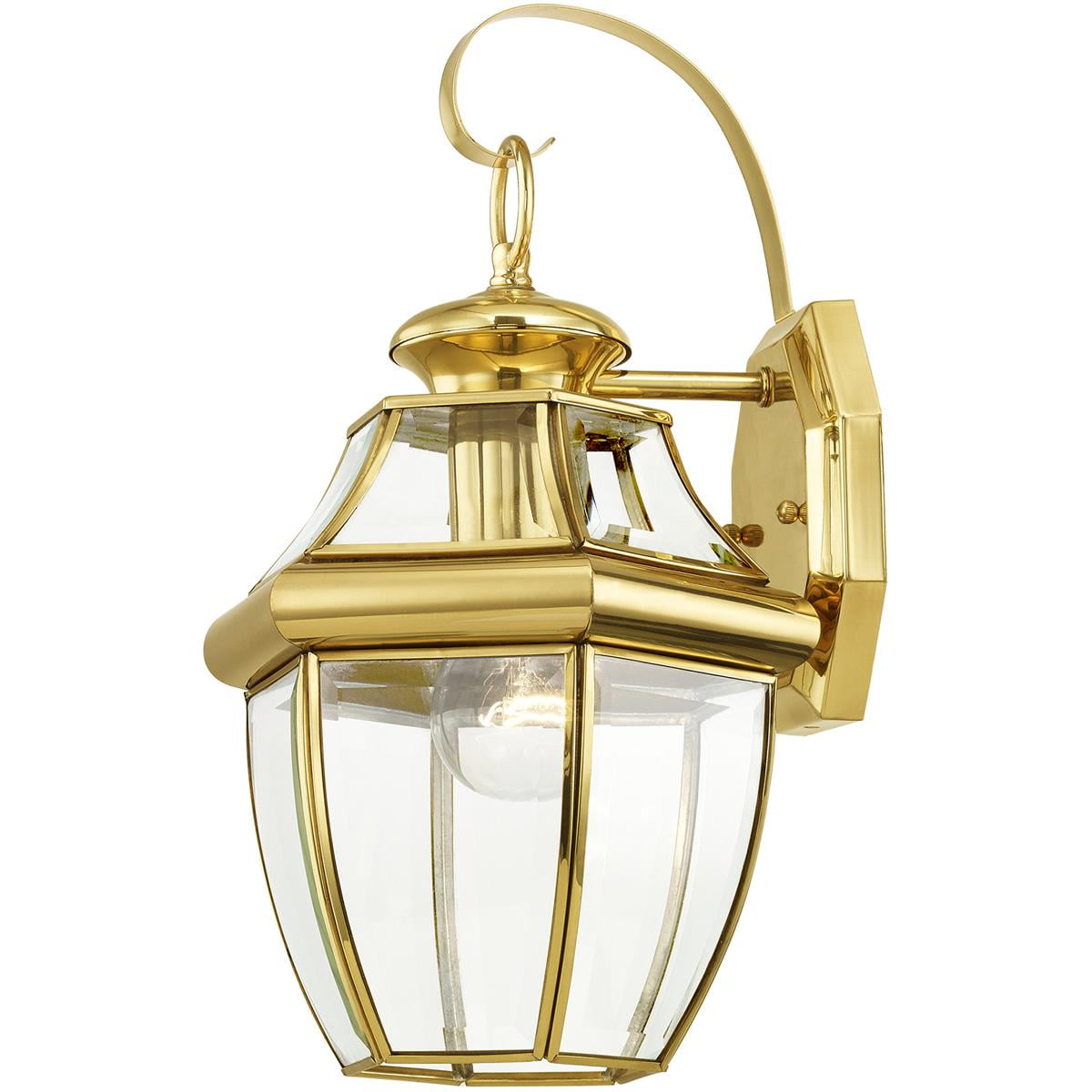 8.5 inch 1 Light Polished Brass Outdoor Wall Lantern Pendant Lighting Fixture with Clear Beveled Glass Shade backed with Hand Crafted Solid Brass material for patio, front porch, entryway and more