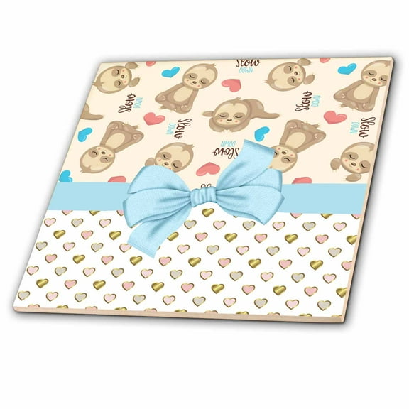 3dRose, Cute Resting Sloths With Slow Down Words Over Hearts With Bow, 12 Inch Ceramic Tile