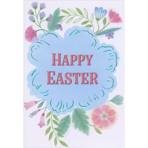 Designer Greetings Happy Easter Blue Flower with Blue Foil Border Package of 8 Easter Cards