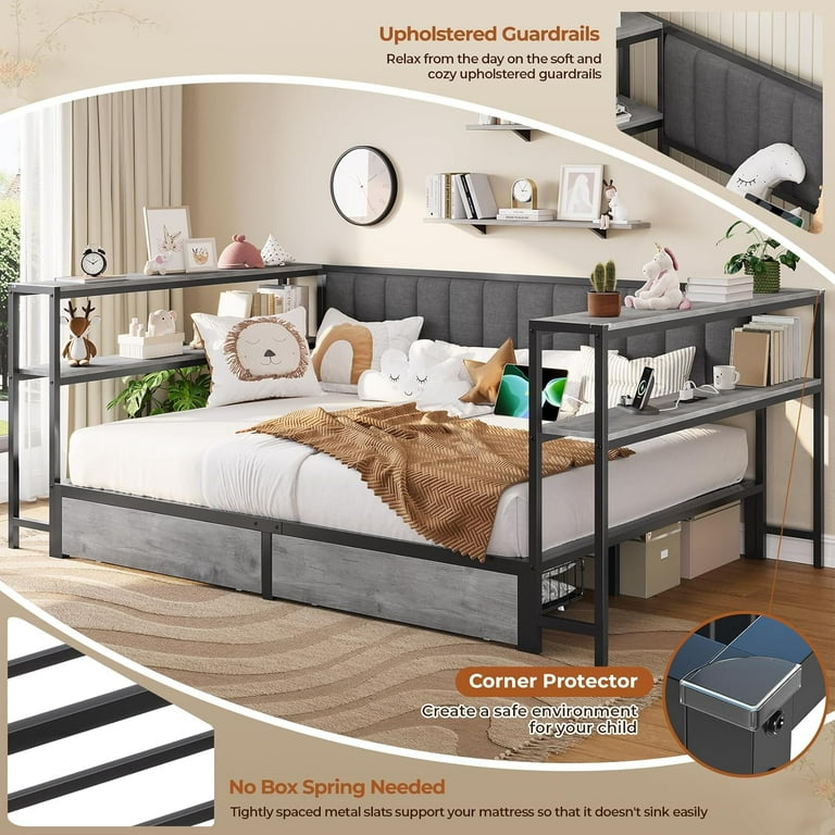 Corner Bed Frame Full Size Daybed with Charging Stations and