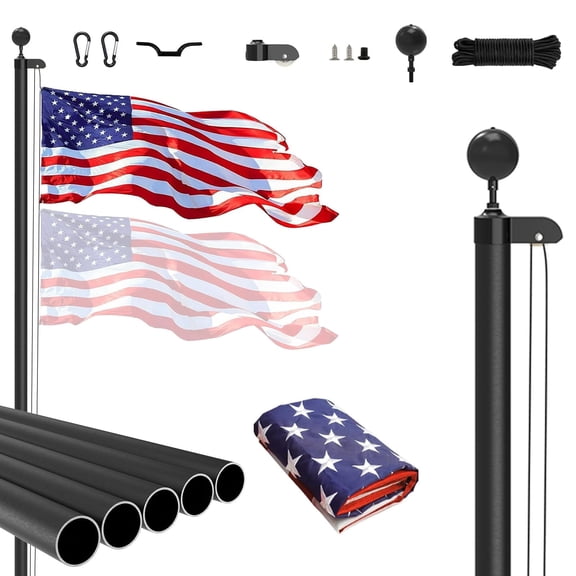 20FT Flag Pole Kit for Outside House, Including 16 Gauge Outdoor Heavy Duty Flagpole In Ground with 3x5 American Flag and Ball Topper for Residential or Commercial Use, Black