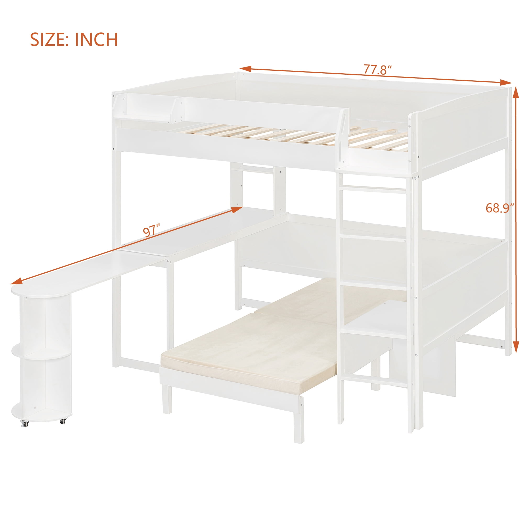 Mintazer Full Size Loft Bed with Desk, LED Light, Bedside Storage Shelf & Sofa Bed Space Saving for Apartment, Bedroom, White