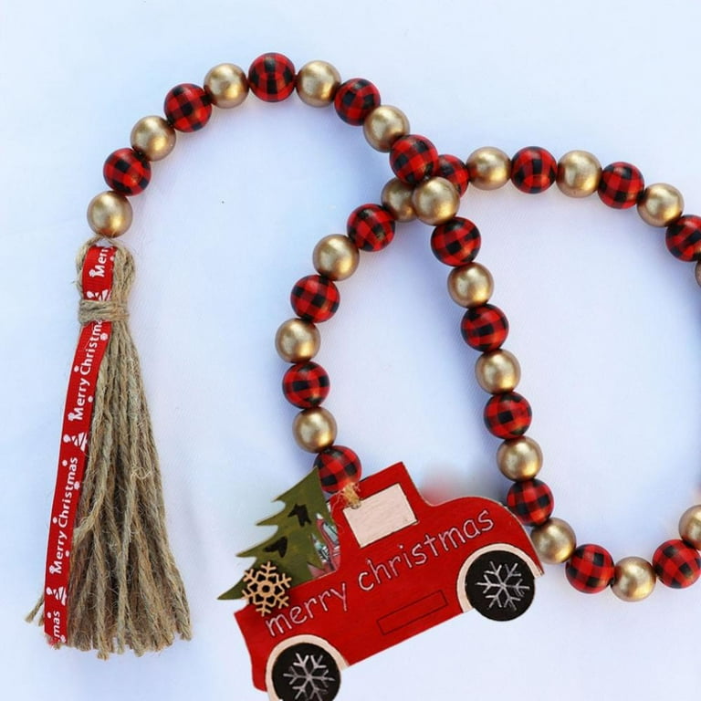 Wooden Bead Garland with Buffalo Plaid Rustic Tassels and Red Truck Tag  Beaded Tassel Garland Natural Beads Garland for Christmas Tree Holiday