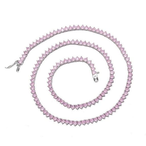 3MM 3-Prong Pink Tennis Necklace for Women 18K Gold Plated Round Cut Lab Diamond Necklace Chain CZ Necklaces for Women Party Prom Jewelry Necklaces