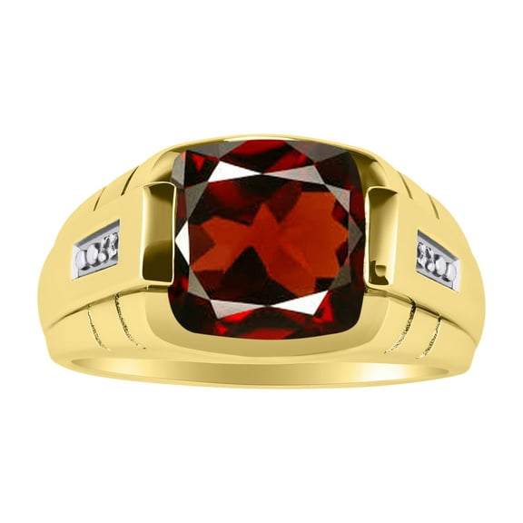 RYLOS Cushion Shape Checker Top 12MM Garnet Color Stone & Diamonds Set in Yellow Gold Plated Silver Size 9