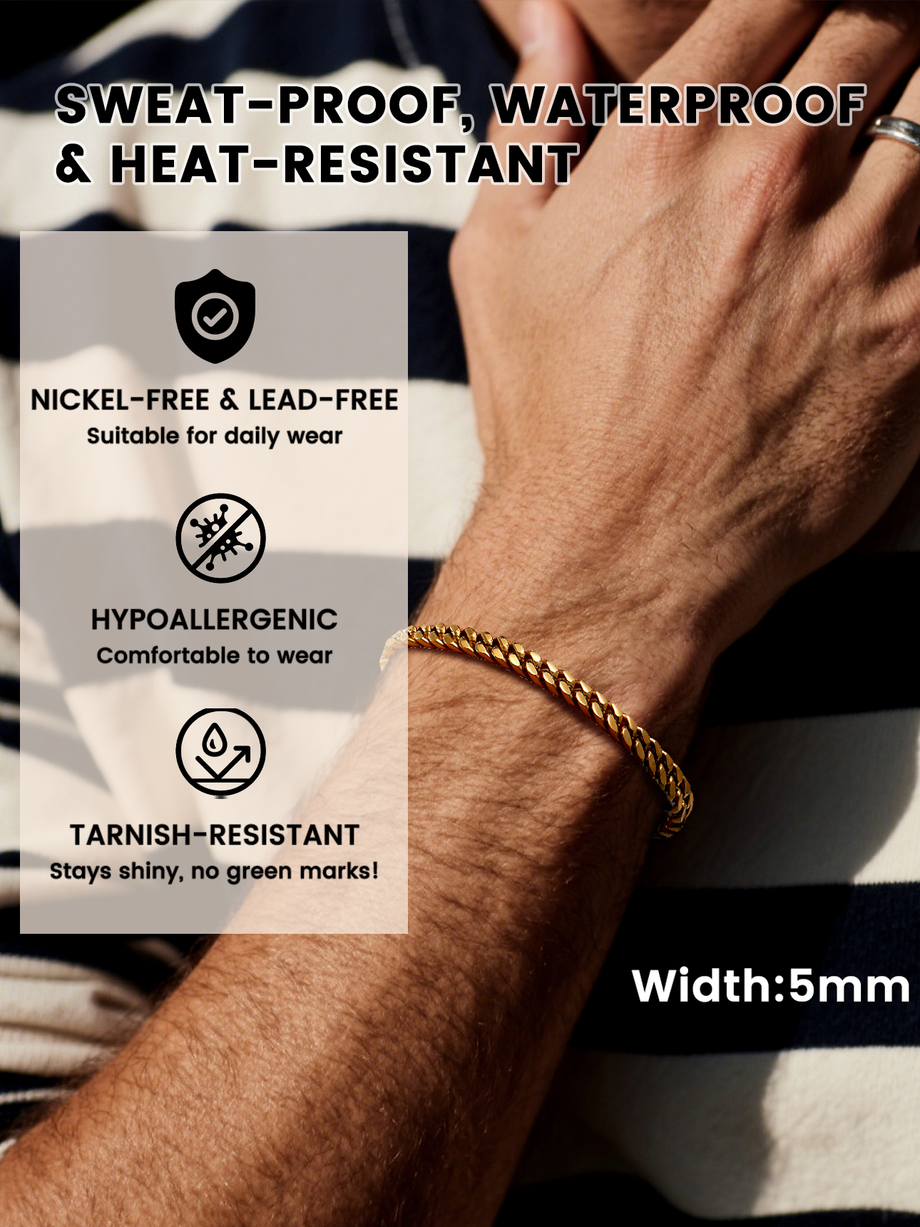 Bestyle 5mm Cuban Link Bracelets for Men Women, 18K Gold Plated Stainless Steel Chain Bracelet Punk Cool Hip Hop Jewelry Gift, 21cm/8.3in