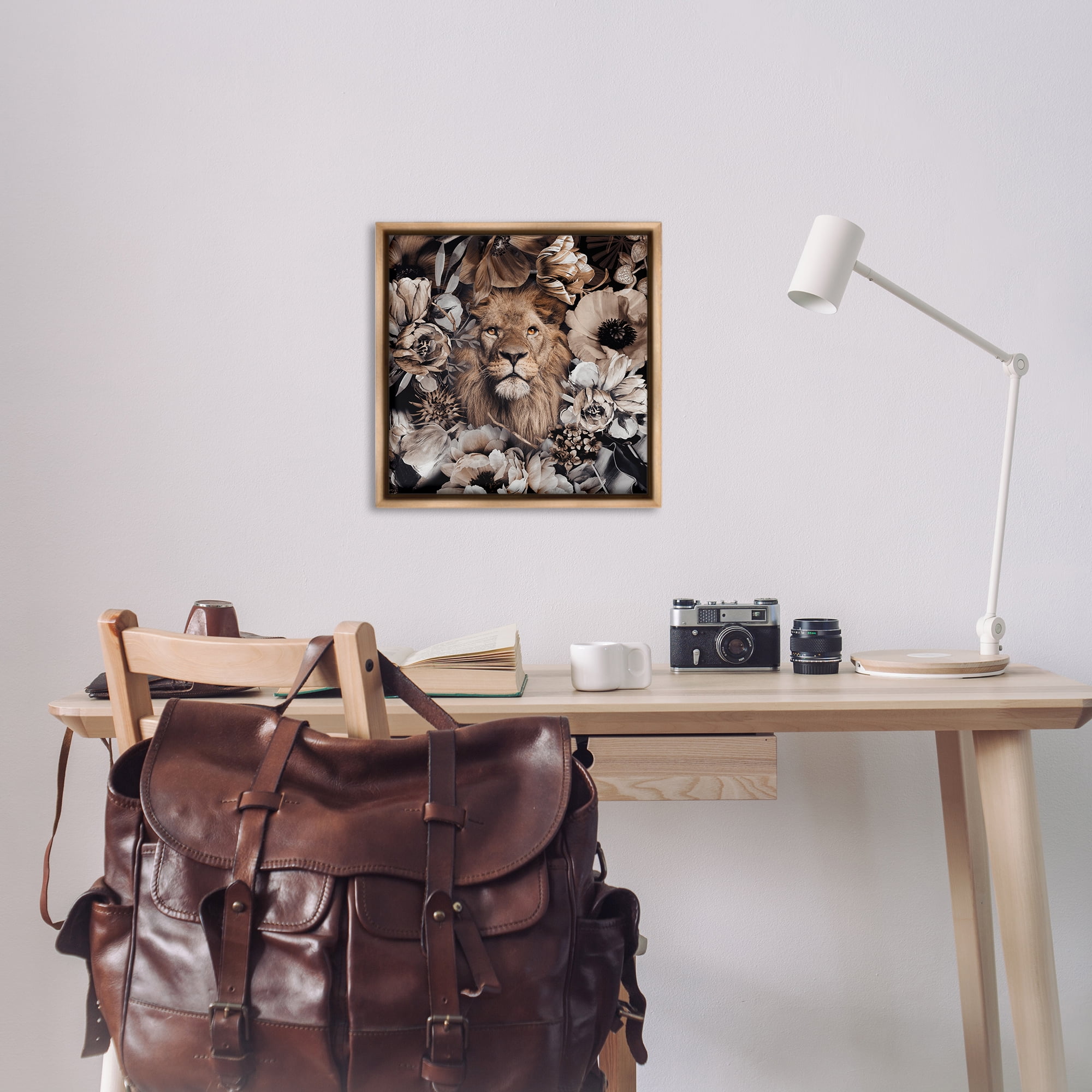 Stupell Industries Mixed Flowers & Lion Plants & Flowers Painting Brown Floater Framed Canvas Art Print Wall Art, 25 x 25