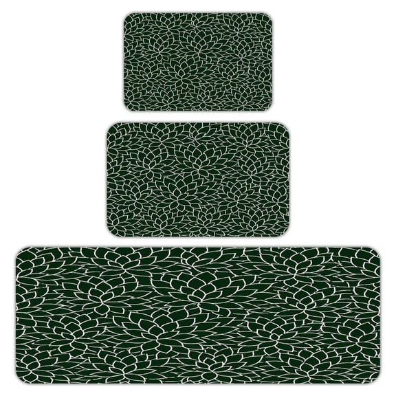 RKSupls Kitchen Rug Set 3 Piece Anti-Slip Flannel Floor Mats, White Lotus Dark Green Pattern Washable Absorbent Runner Mats for Kitchen Bathroom Home Decor
