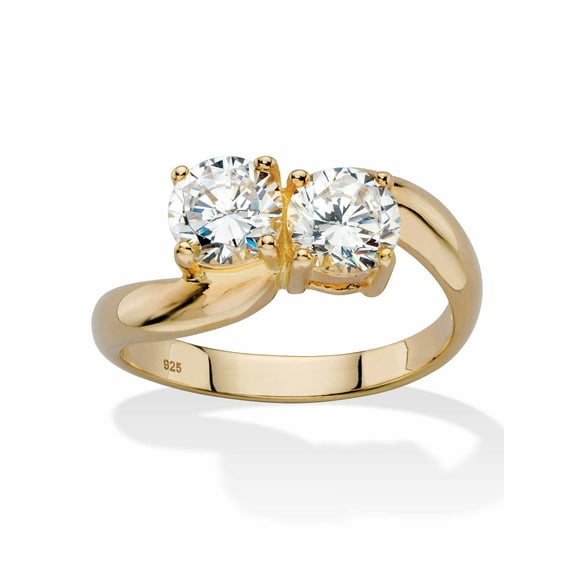PalmBeach Jewelry Round Cubic Zirconia 2-Stone Bypass Ring 1.96 TCW in Platinum-Plated or Yellow Gold-Plated Sterling Silver