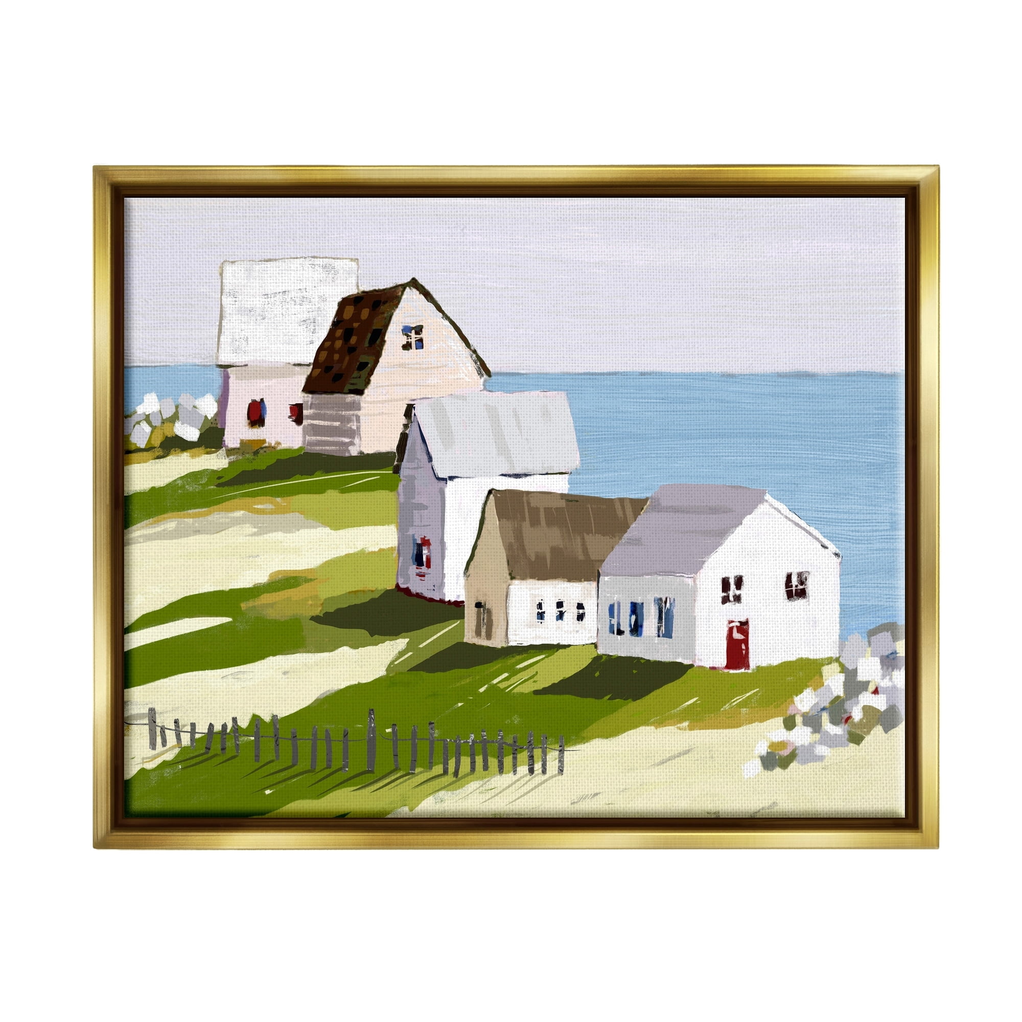 Stupell Industries Quaint Seaside Cottages Overlooking Vast Ocean Landscape Graphic Art Metallic Gold Floating Framed Canvas Print Wall Art, Design by Tina Finn
